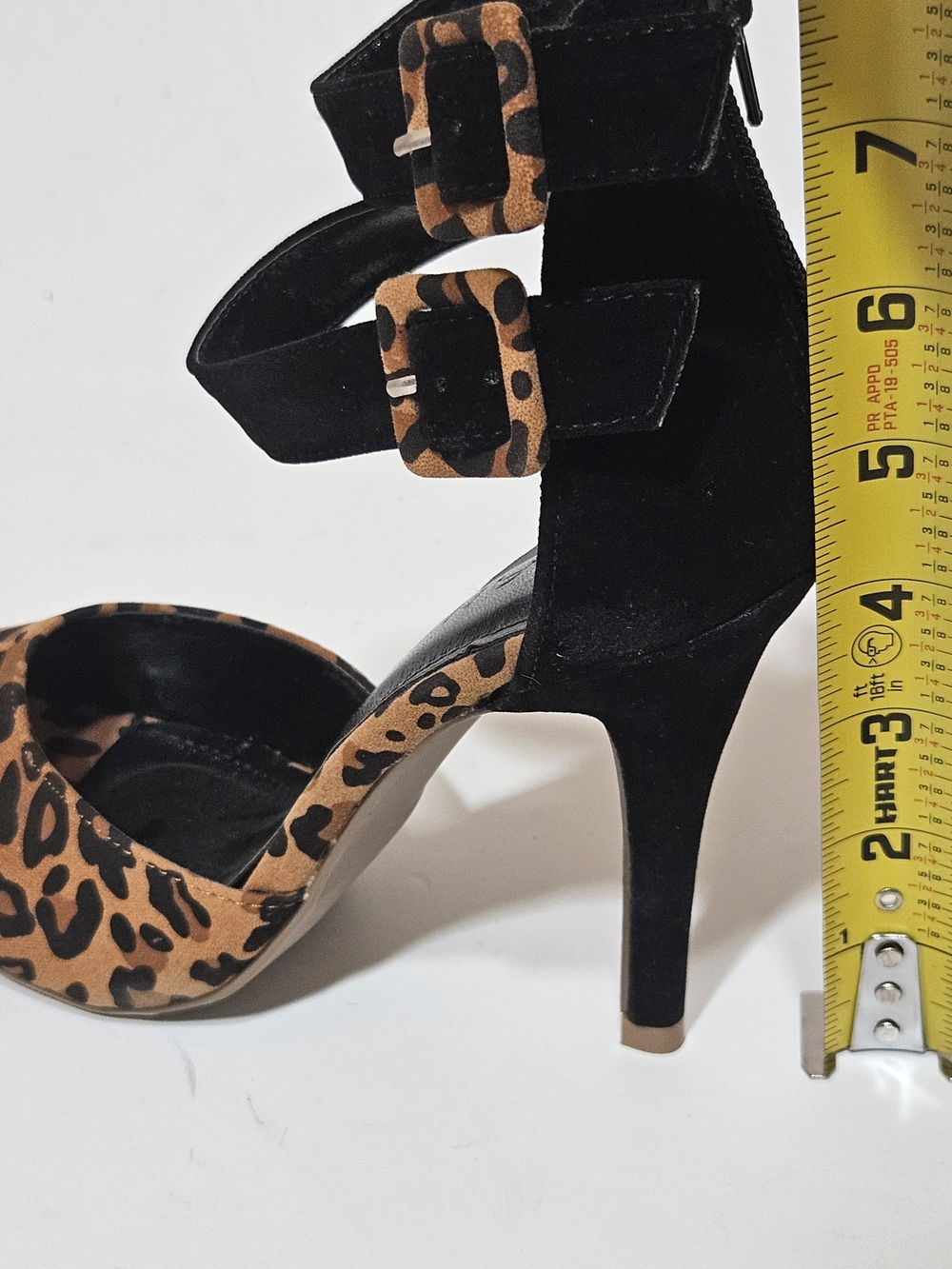 LILIANA Leopard & Black Buckle Ankle Strap Peep-Toe Stiletto Heels (Size 7.5) - Picture 8 of 15